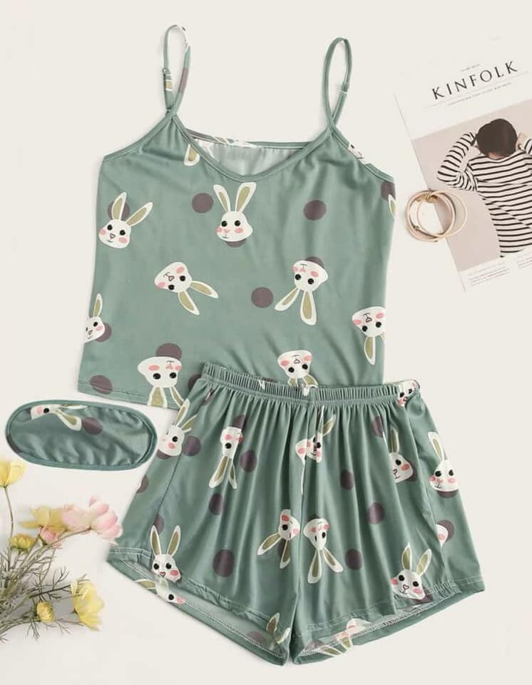 Rabbit Print Polka Dot Cami PJ Set With Eye Cover