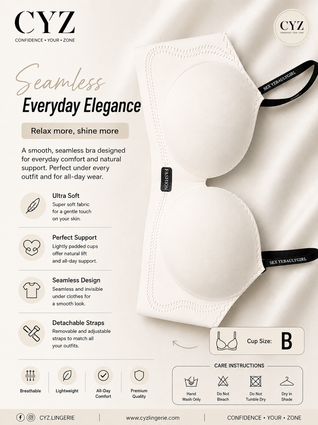 CYZ Seamless Half Push-Up Bra – B Cup Size | Ultra-Soft Wireless Everyday Support Bra for Natural Lift & Invisible Comfort