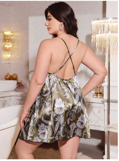 LuxeNights Plus Size Paisley Print Satin Slip Dress