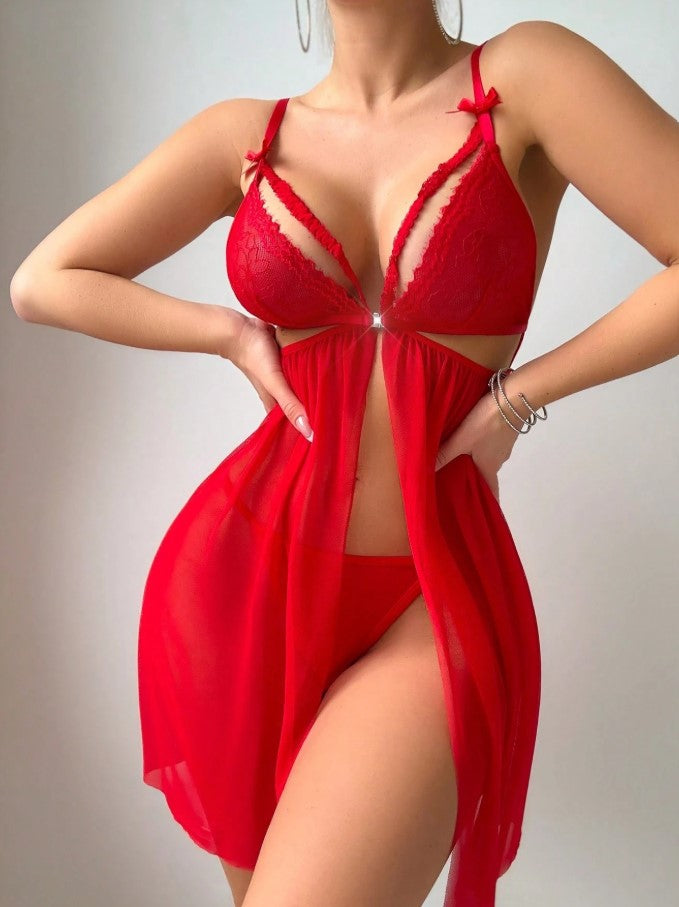 2pcs Set Romantic Lace Patchwork Sexy Nightgown