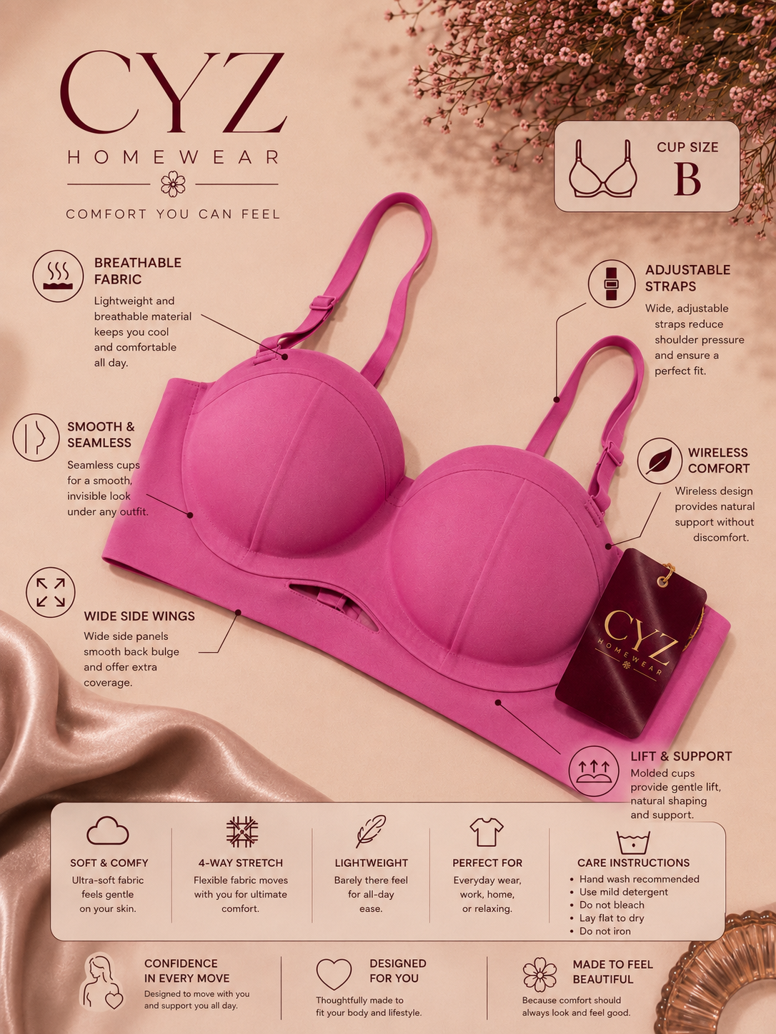 CYZ Wireless Bra Seamless Comfort Natural Lift • Cup B