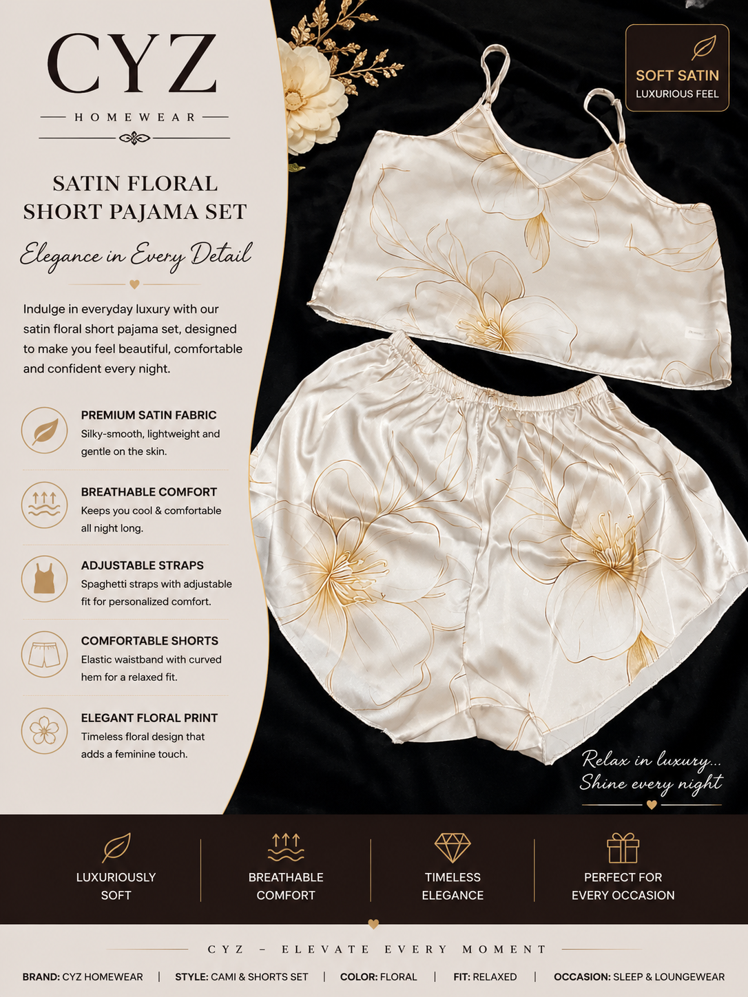 CYZ Moonlight Blossom Satin Pajama Set