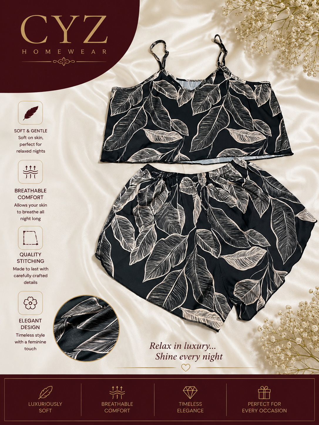 CYZ Botanical Satin Lounge Set – Soft & Breathable Nightwear