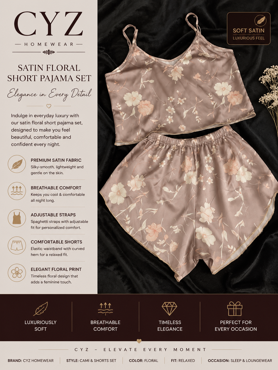 CYZ Blush Garden Satin Pajama Set