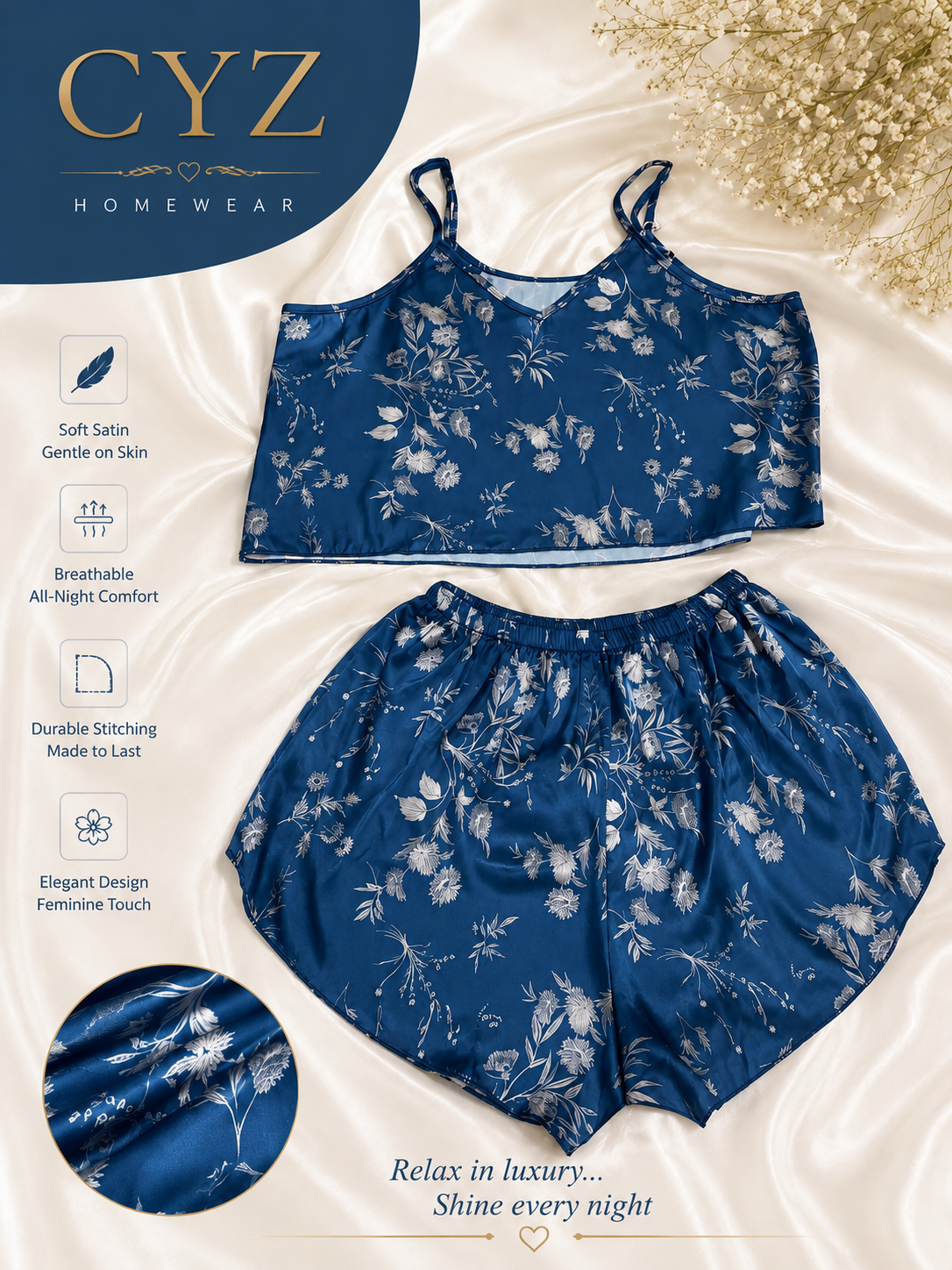 CYZ Premium Satin Floral Short Pajama Set – Soft Luxury Sleepwear