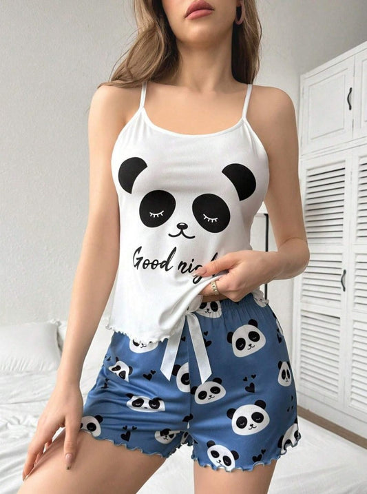 Ladies' Panda & Letter Print Cami Top And Shorts Pajama Set