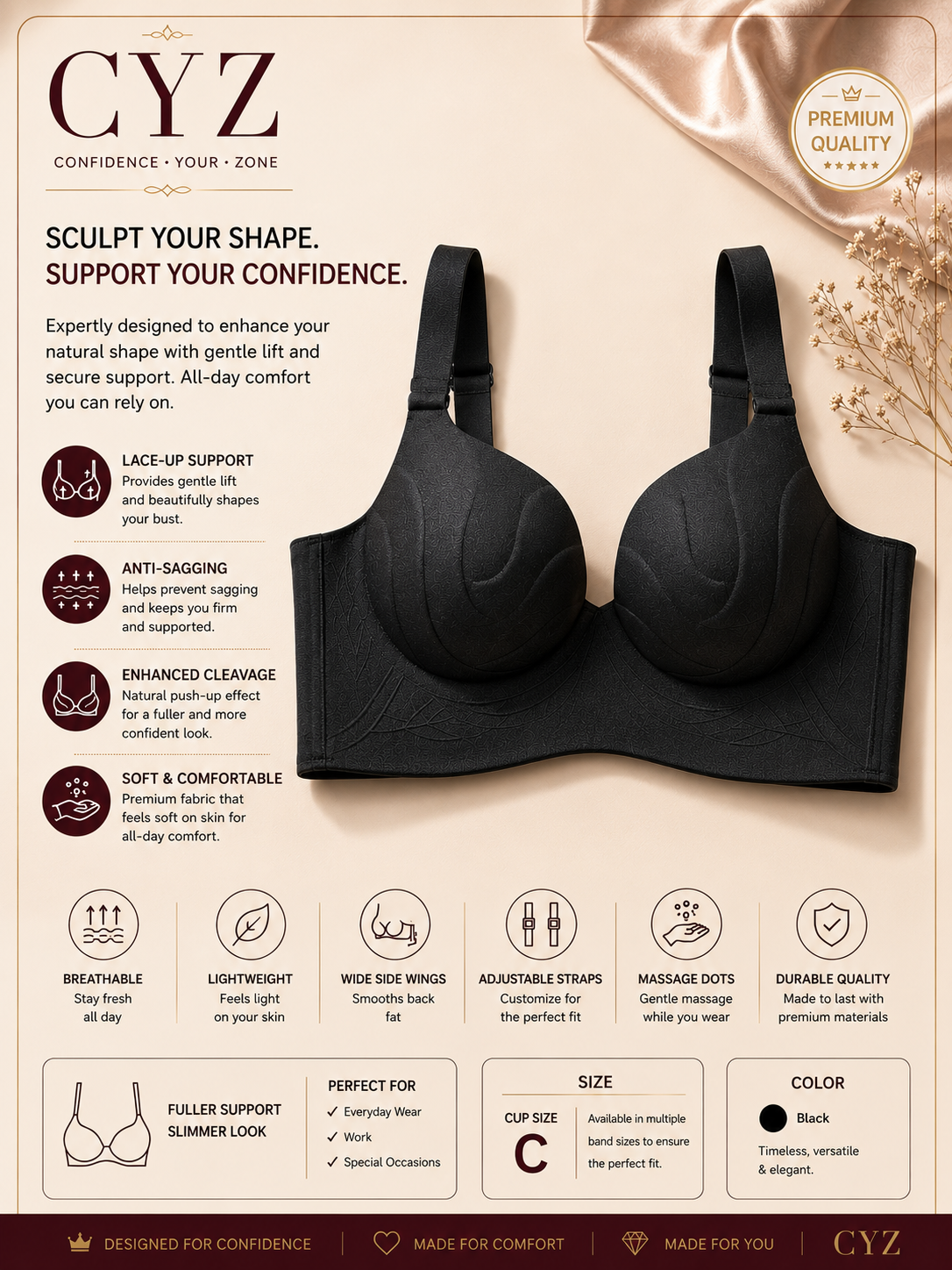 CYZ Seamless Push-Up Bra for Women – C Cup | Wireless Sculpting Support, Full Coverage & All-Day Comfort
