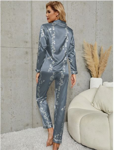 LuxeNights Floral Print Contrast Piping Satin Blouse & Pants PJ Set / Pajama Set