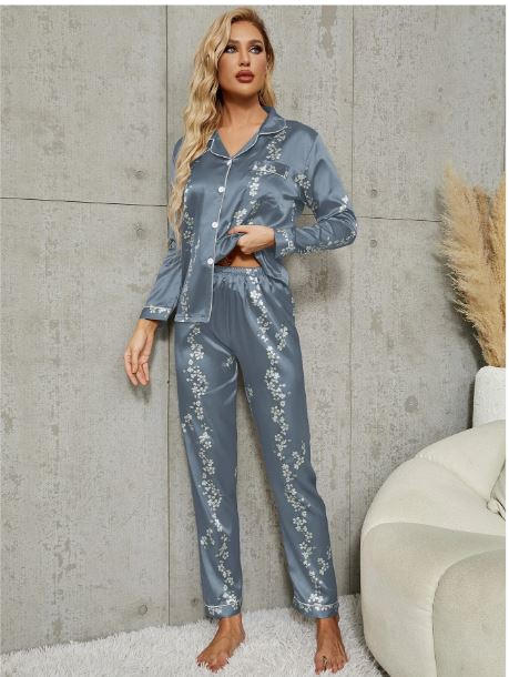 LuxeNights Floral Print Contrast Piping Satin Blouse & Pants PJ Set / Pajama Set