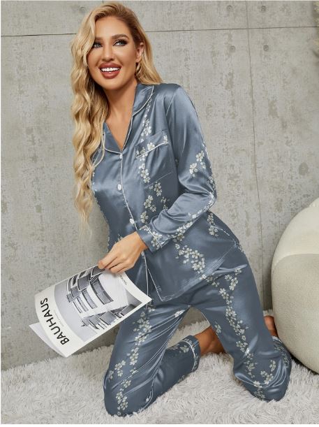 LuxeNights Floral Print Contrast Piping Satin Blouse & Pants PJ Set / Pajama Set