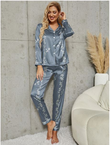 LuxeNights Floral Print Contrast Piping Satin Blouse & Pants PJ Set / Pajama Set