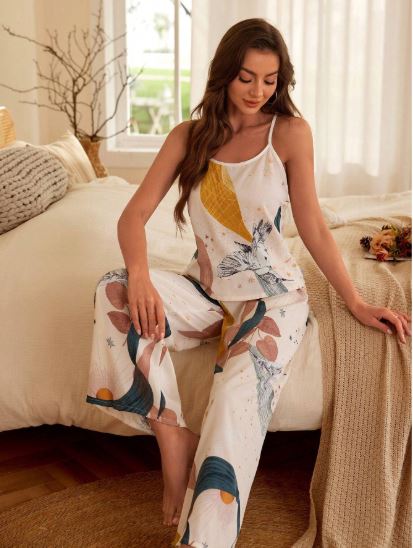 Serene scape Bird & Leaf Print Crisscross Back PJ Set / Pajama Set Natural Women Pajama Setspajamas Set For Womanwomen Sleepwearwomen Pj Sets