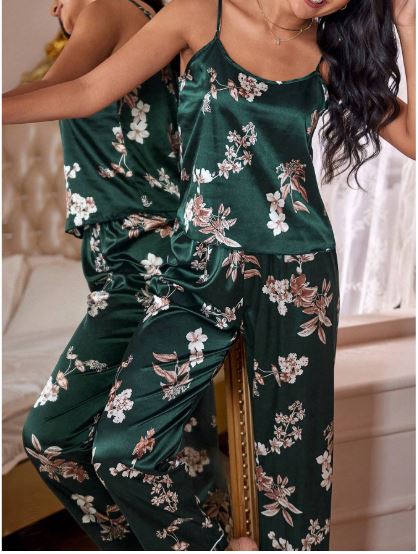 LuxeNights Floral Print Contrast Piping PJ Set / Pajama Set