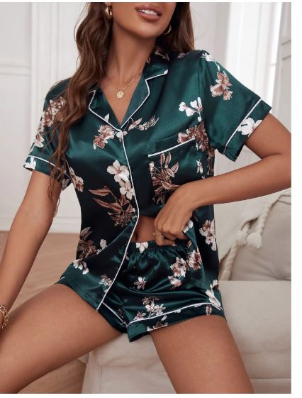 Coupled Up Floral Print Contrast Piping Satin PJ Set / Pajama Set
