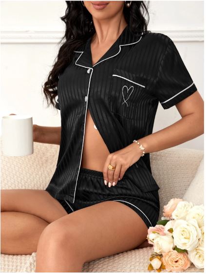 Striped Jacquard Contrast Piping Satin PJ Set / Pajama Set