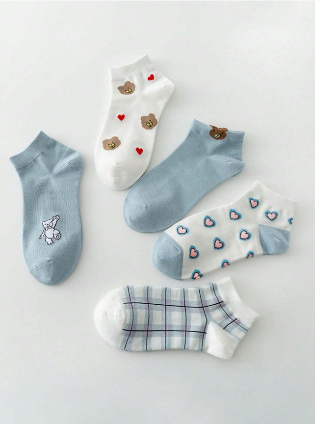 1/5pairs Cute Cartoon Bear And Heart Design Comfortable Short Socks