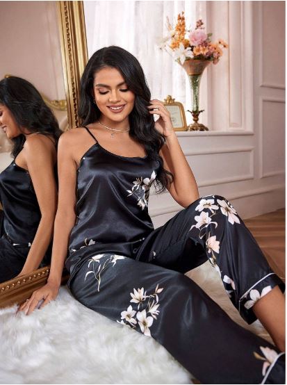 Luxe Nights Floral Print Contrast Piping PJ Set / Pajama Set