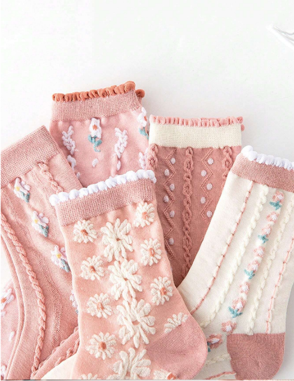 5pairs Random Delivery Pink Cute Floral Middle Tube Socks For Casual Wear, Breathable & Sweat Absorbent