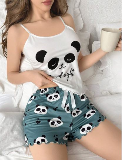 Ladies' Panda & Letter Print Cami Top And Shorts Pajama Set