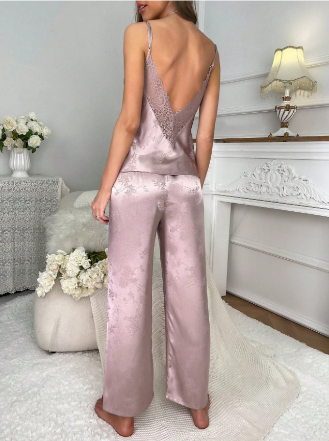 SilkySpell Floral Jacquard Contrast Lace Satin Cami Top & Pants PJ Set / Pajama Set