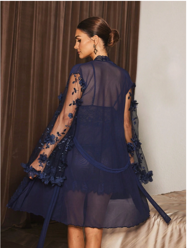 Slumberist Women's Sleepwear Set With Embroidered Floral Mesh Slip Dress And Robe