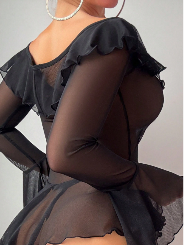 Romantic Flounce Collar Mesh Splicing Long Sleeve Pleated Nightgown Set For Going Out