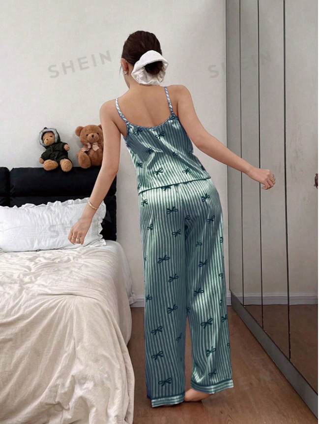 Napfluff Bow Tie & Striped Print Faux Silk Camisole & Pants Women Pajama Set