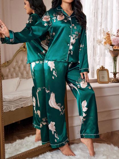 LuxeNights Floral Print Contrast Piping Satin PJ Set / Pajama Set