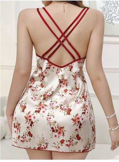 Silk-Like Flower Print Cross Back Cami Pajama Dress For Sleepwear