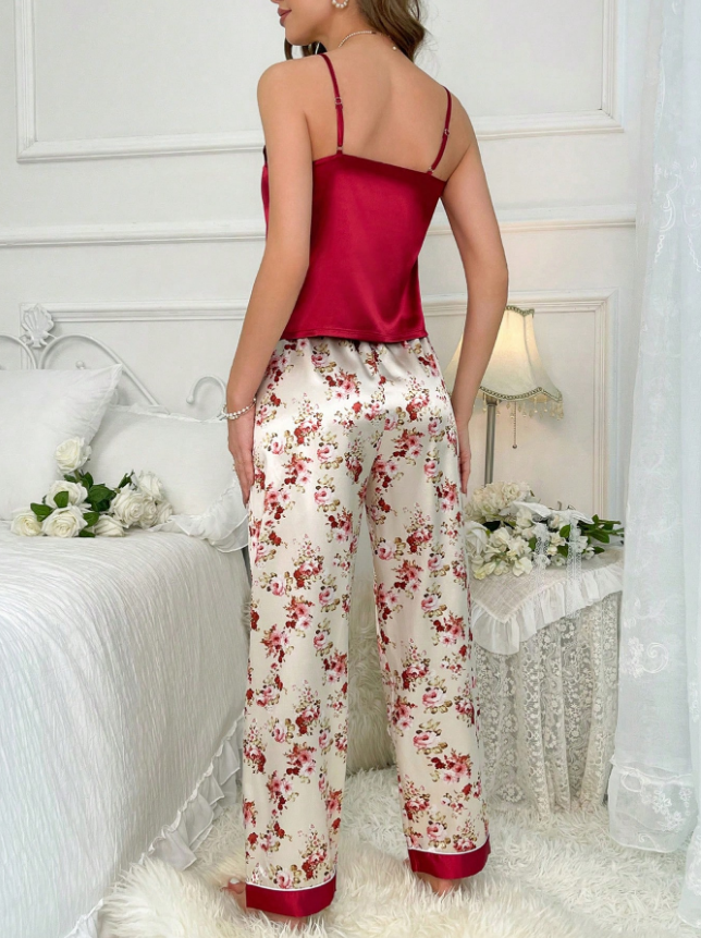 Floral Print Satin Cami Top & Pants PJ Set / Pajama Set