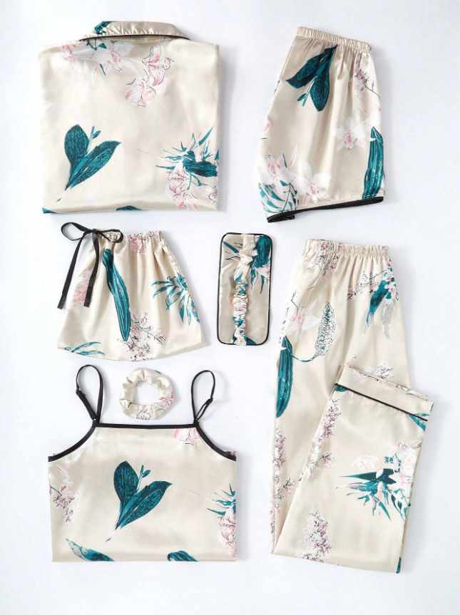 LuxeNights 7pcs Floral Print Satin Pajama Set, Fall Winter Clothes Cozy And Elegant Details