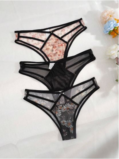 SHEIN Underwear & Sleepwear Basics 3packs Floral Print Mesh Cut Out Panties Lingerie