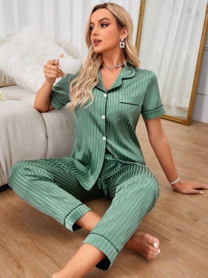 Women's Striped Short Sleeve Long Pants Pajama Set