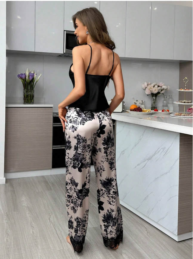 LuxeNights Ladies' Lace Trimmed Spaghetti Strap Top & Printed Pants Pajama Set