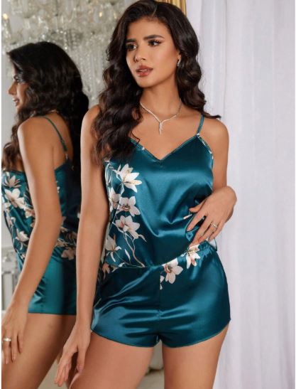 LuxeNights 2pcs Faux Silk Printed Camisole & Shorts Sleepwear Set