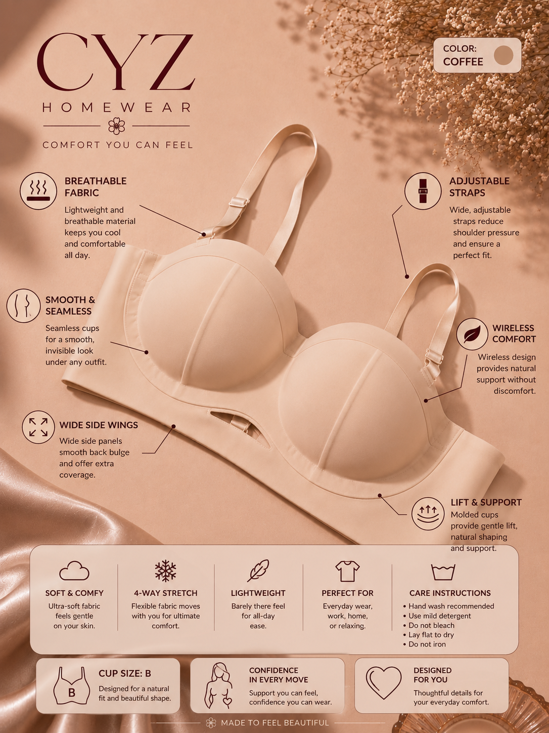 CYZ Wireless Bra Seamless Comfort Natural Lift • Cup B