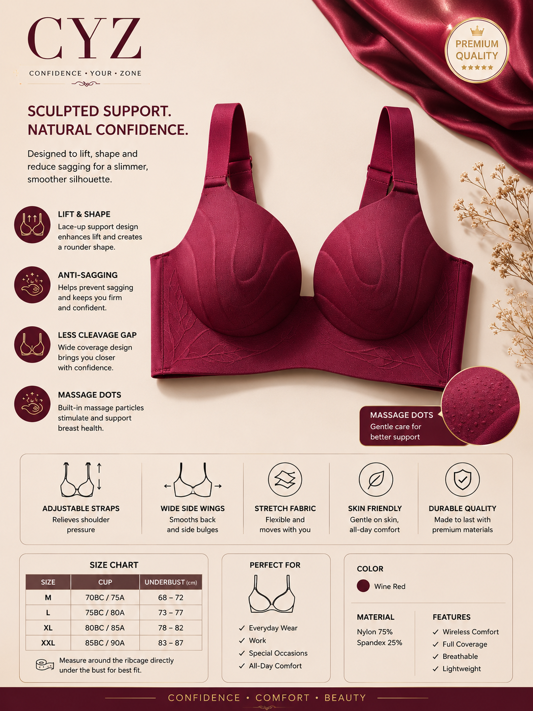 CYZ Seamless Push-Up Bra for Women – C Cup | Wireless Sculpting Support, Full Coverage & All-Day Comfort