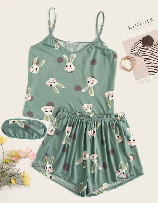 Rabbit Print Polka Dot Cami PJ Set With Eye Cover