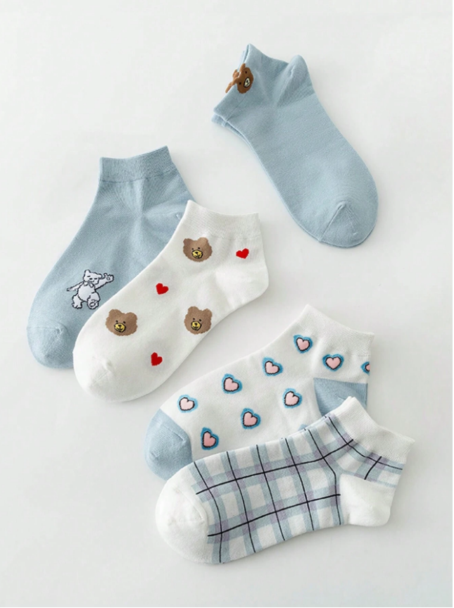 1/5pairs Cute Cartoon Bear And Heart Design Comfortable Short Socks