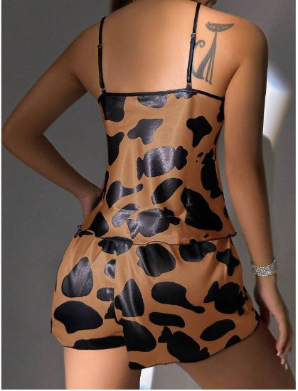 Cow Print Satin PJ Set / Pajama Set