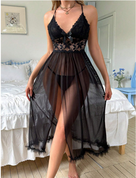 Contrast Lace Fuzzy Trim Mesh Sexy Pajama Night Dress With Thong