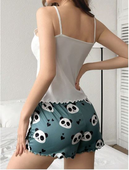 Ladies' Panda & Letter Print Cami Top And Shorts Pajama Set