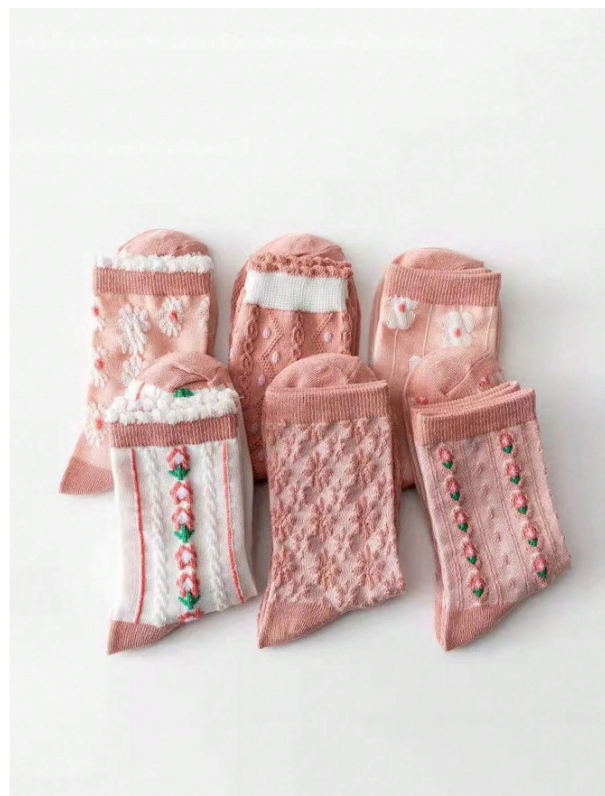 5pairs Random Delivery Pink Cute Floral Middle Tube Socks For Casual Wear, Breathable & Sweat Absorbent