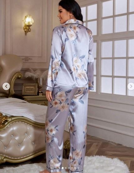 Luxe Nights Floral Print Contrast Piping Satin Blouse & Pants PJ Set / Pajama Set (Copy)