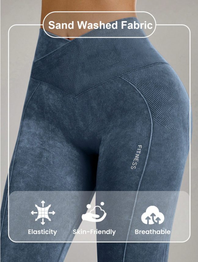 Core Rhythm Seamless High Elasticity Yoga Exercise Sports Criss-Cross Waist Sandwashed Sports Leggings