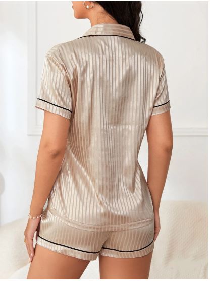Striped Jacquard Contrast Piping Satin PJ Set / Pajama Set