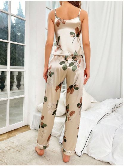 CoupledUp Floral Print Satin Cami Top & Pants PJ Set / Pajama Set