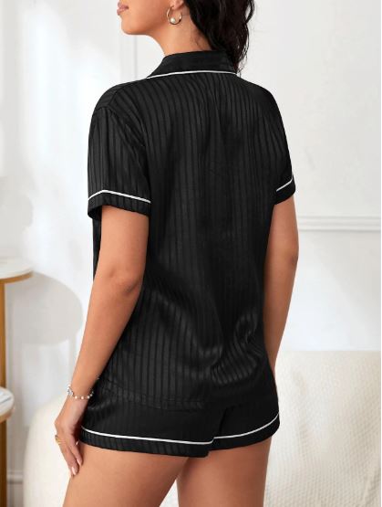 Striped Jacquard Contrast Piping Satin PJ Set / Pajama Set