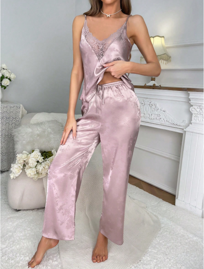 SilkySpell Floral Jacquard Contrast Lace Satin Cami Top & Pants PJ Set / Pajama Set