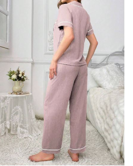 Coupled Up Ladies' Pocket Teddy Bear Embroidery Contrast Trim Short Sleeve Top And Pants Pajama Set